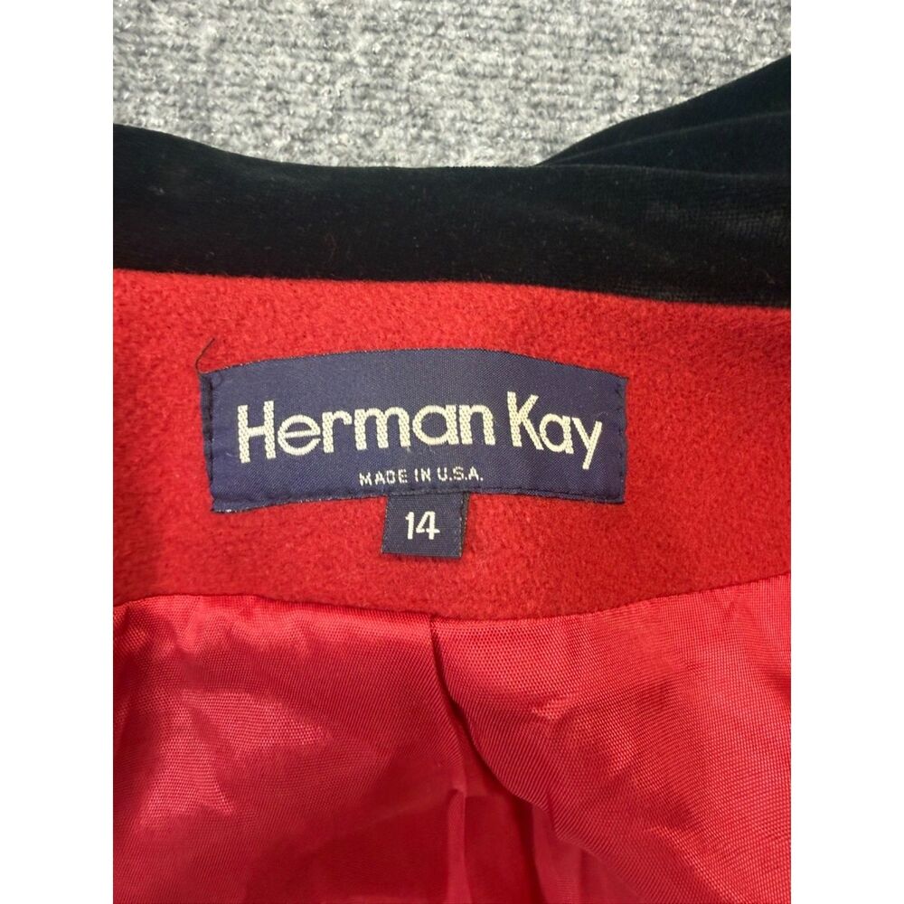 Vintage Herman Kay Red Wool Coat 14 Black Velvet Collar Double Breasted USA - Picture 5 of 8